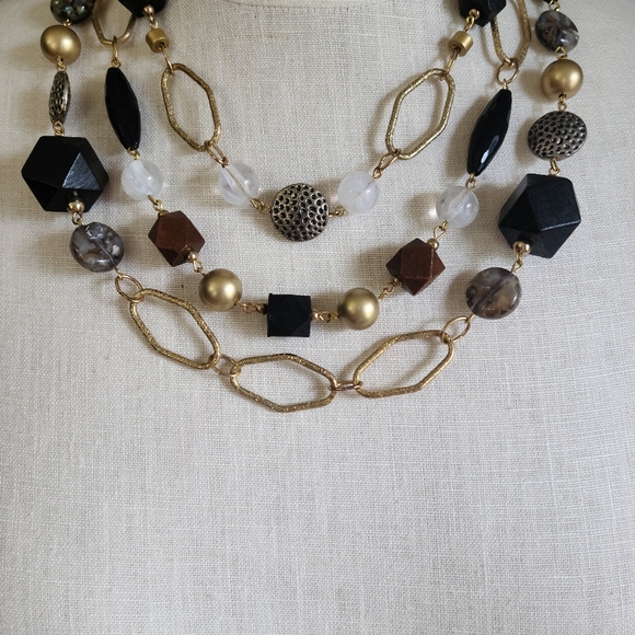 Layered Bead & Wood Necklace Triple Strand Boho Rustic Festival - Picture 3 of 6